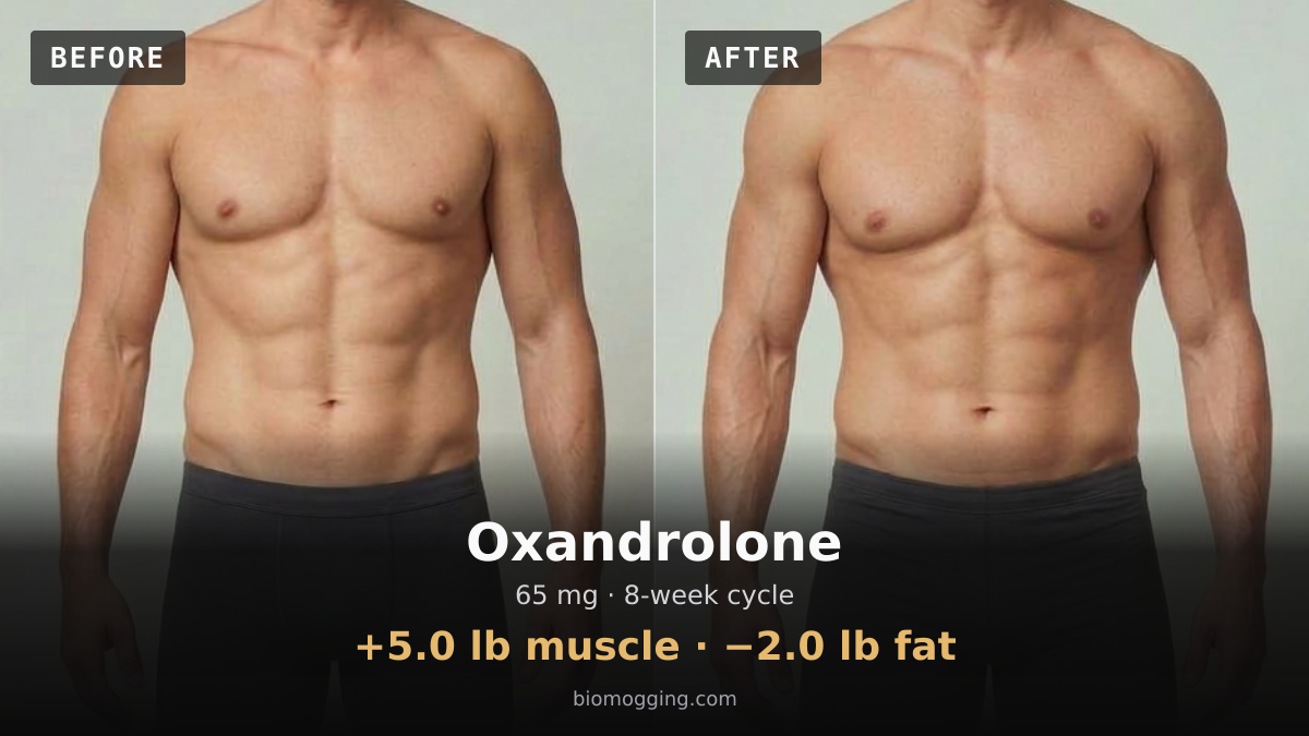 Oxandrolone before and after: illustrative male projection over 8 weeks, +5.0 lb muscle · −2.0 lb fat, starting Fit & Toned with Above Average (+5 lb) body fat. Dose assumption: 65 mg midpoint · total unavailable (dose period unclear).