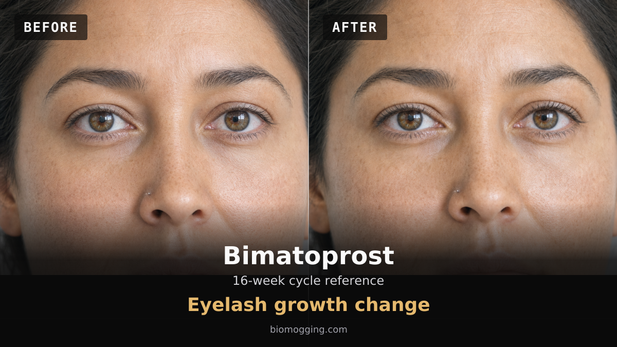 Bimatoprost: AI-generated before-and-after illustration of longer, fuller upper eyelashes in the same fictional adult.