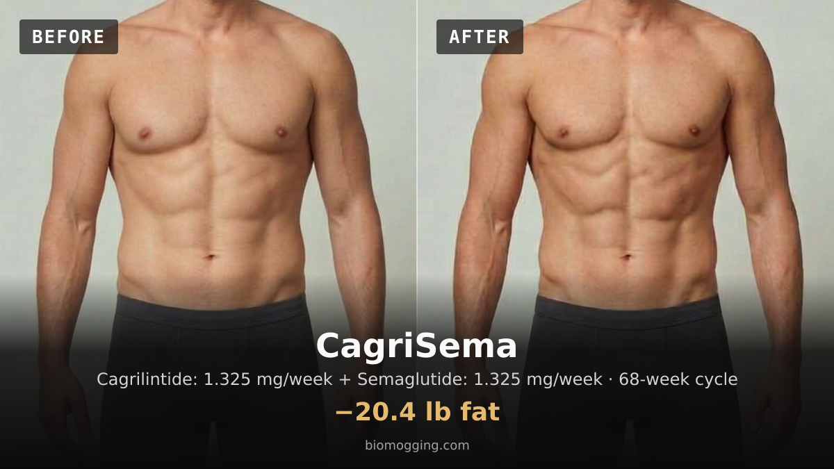 CagriSema before and after: illustrative male projection over 68 weeks, −20.4 lb fat, starting Fit & Toned with Above Average (+5 lb) body fat. Dose assumption: Cagrilintide: 1.325 mg/week · ≈90.1 mg total; Semaglutide: 1.325 mg/week · ≈90.1 mg total.