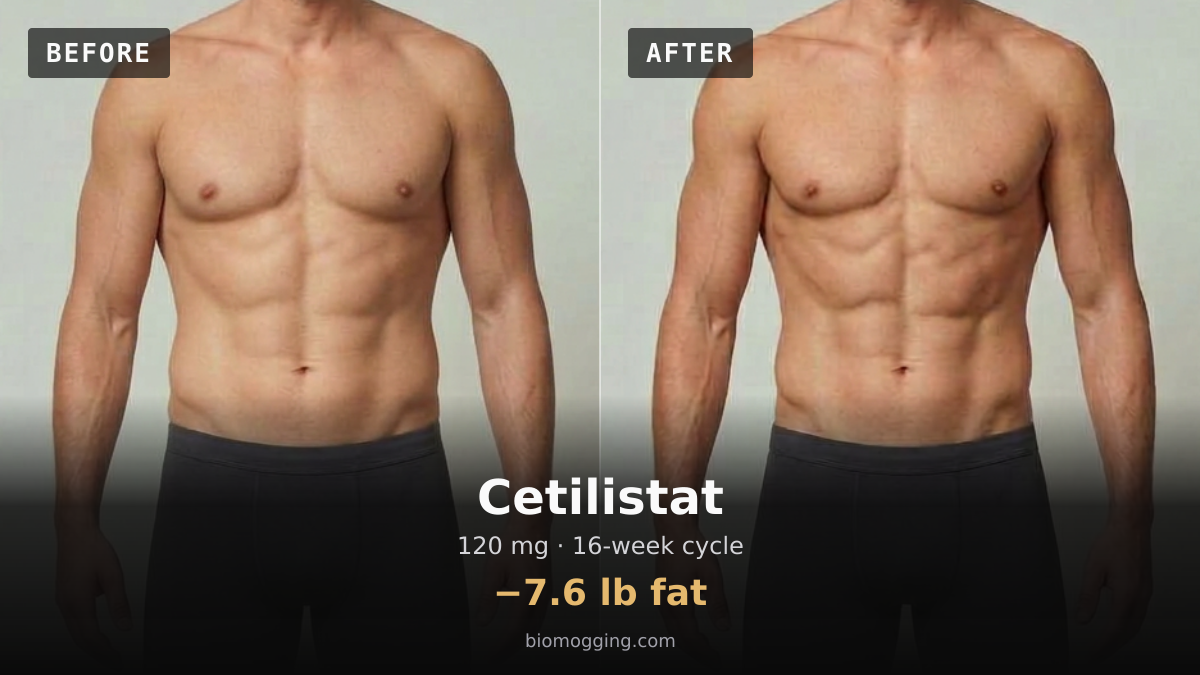 Cetilistat before and after: illustrative male projection over 16 weeks, −7.6 lb fat, starting Fit & Toned with Above Average (+5 lb) body fat. Dose assumption: 120 mg midpoint · total unavailable (dose period unclear).