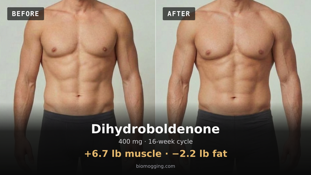 Dihydroboldenone before and after: illustrative male projection over 16 weeks, +6.7 lb muscle · −2.2 lb fat, starting Fit & Toned with Above Average (+5 lb) body fat. Dose assumption: 400 mg midpoint · total unavailable (dose period unclear).