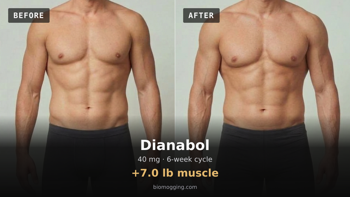 Dianabol before and after: illustrative male projection over 6 weeks, +7.0 lb muscle, starting Fit & Toned with Above Average (+5 lb) body fat. Dose assumption: 40 mg midpoint · total unavailable (dose period unclear).
