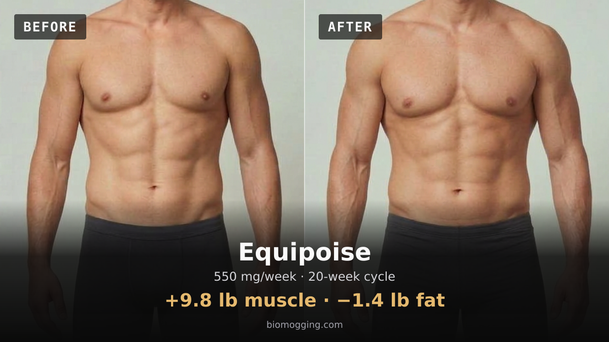 Equipoise before and after: illustrative male projection over 20 weeks, +9.8 lb muscle · −1.4 lb fat, starting Fit & Toned with Above Average (+5 lb) body fat. Dose assumption: 550 mg/week · ≈11 g total.