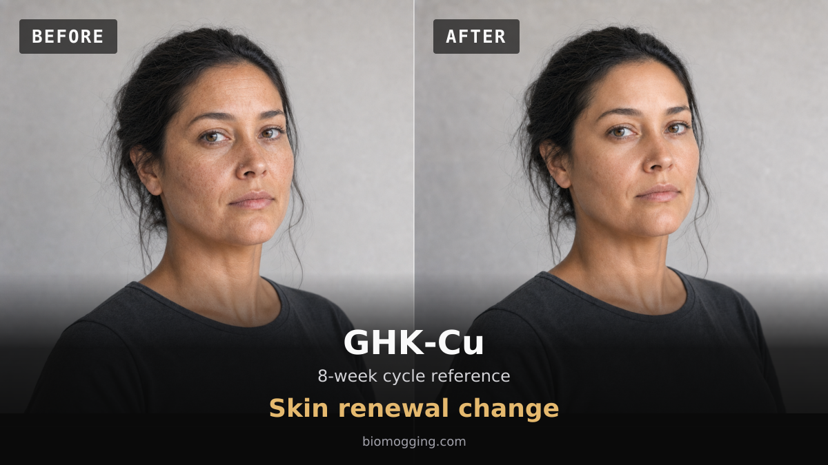 GHK-Cu: AI-generated before-and-after illustration of smoother skin texture and more even pigmentation in the same fictional adult.