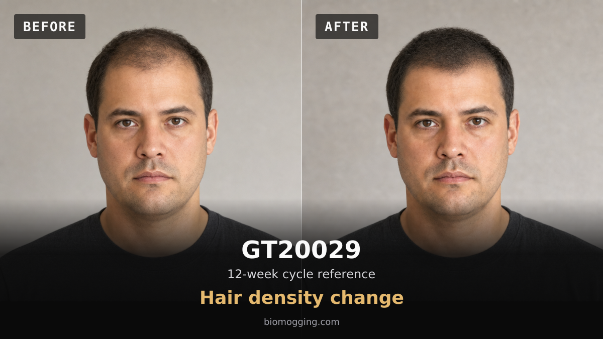 GT20029: AI-generated before-and-after illustration of fuller frontal and mid-scalp hair coverage in the same fictional adult.