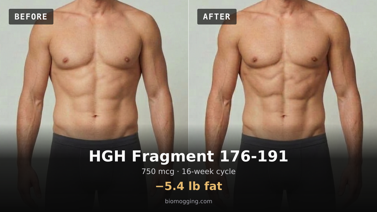 HGH Fragment 176-191 before and after: illustrative male projection over 16 weeks, −5.4 lb fat, starting Fit & Toned with Above Average (+5 lb) body fat. Dose assumption: 750 mcg midpoint · total unavailable (dose period unclear).