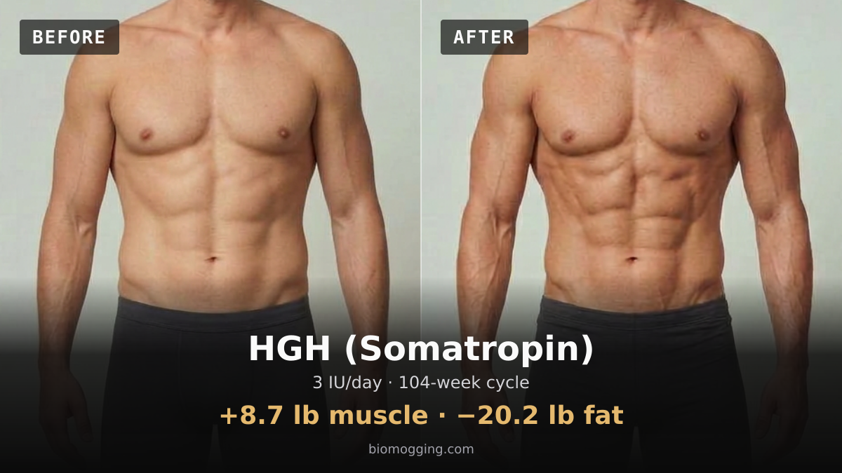 HGH (Somatropin) before and after: illustrative male projection over 104 weeks, +8.7 lb muscle · −20.2 lb fat, starting Fit & Toned with Above Average (+5 lb) body fat. Dose assumption: 3 IU/day · ≈2,184 IU total.