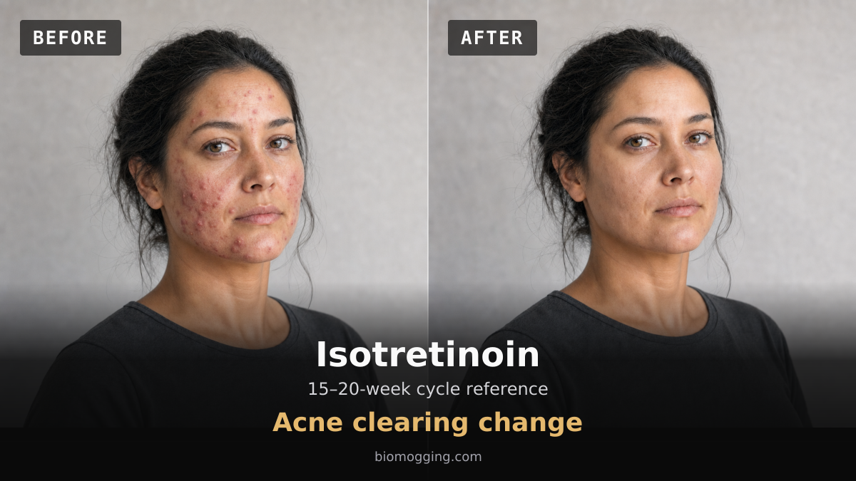 Isotretinoin: AI-generated before-and-after illustration of fewer inflamed acne lesions and less redness in the same fictional adult.