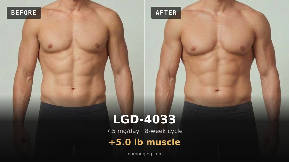 LGD-4033 before and after: illustrative male projection over 8 weeks, +5.0 lb muscle, starting Fit & Toned with Above Average (+5 lb) body fat. Dose assumption: 7.5 mg/day · ≈420 mg total.