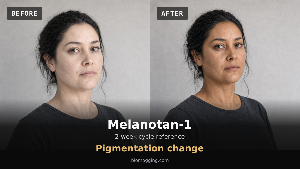 Melanotan-1: AI-generated before-and-after illustration of a deeper bronze skin tone in the same fictional adult.