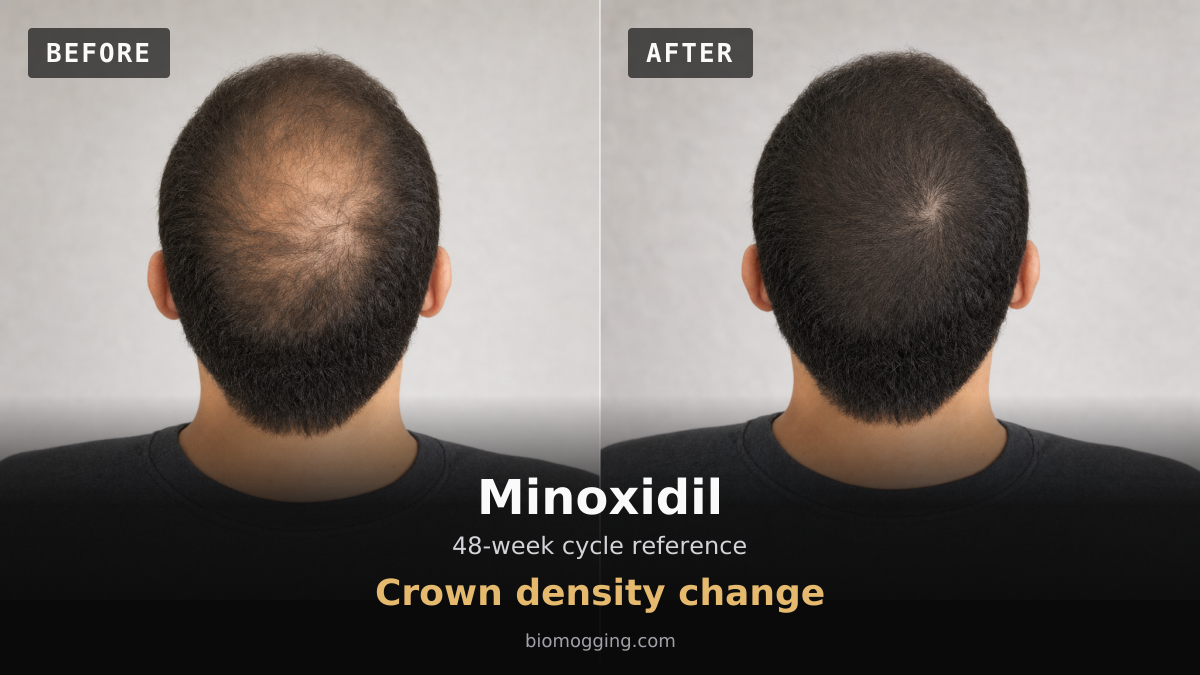 Minoxidil: AI-generated before-and-after illustration of fuller hair coverage around the crown in the same fictional adult.