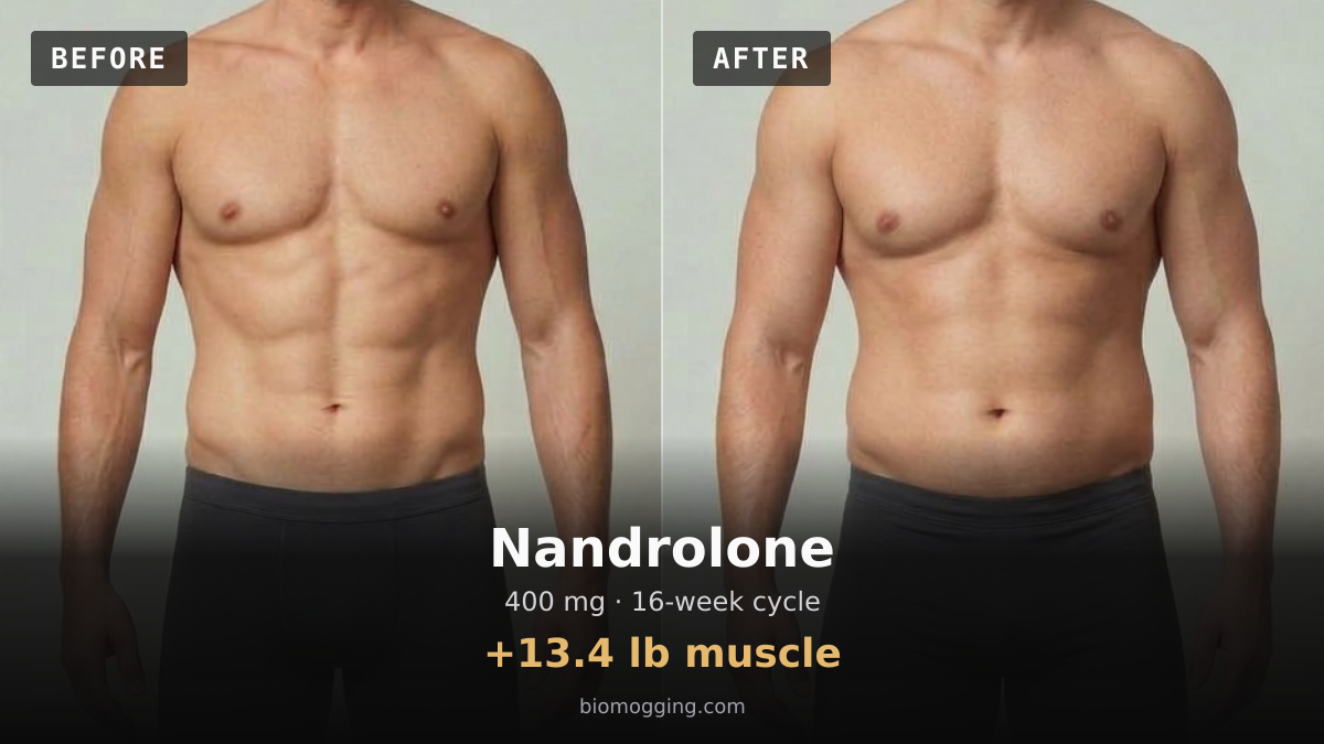 Nandrolone before and after: illustrative male projection over 16 weeks, +13.4 lb muscle, starting Fit & Toned with Above Average (+5 lb) body fat. Dose assumption: 400 mg midpoint · total unavailable (dose period unclear).