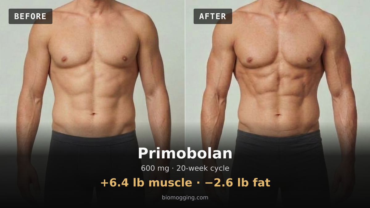 Primobolan before and after: illustrative male projection over 20 weeks, +6.4 lb muscle · −2.6 lb fat, starting Fit & Toned with Above Average (+5 lb) body fat. Dose assumption: 600 mg midpoint · total unavailable (dose period unclear).
