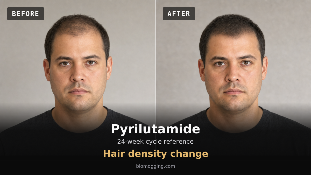 Pyrilutamide: AI-generated before-and-after illustration of fuller frontal and mid-scalp hair coverage in the same fictional adult.