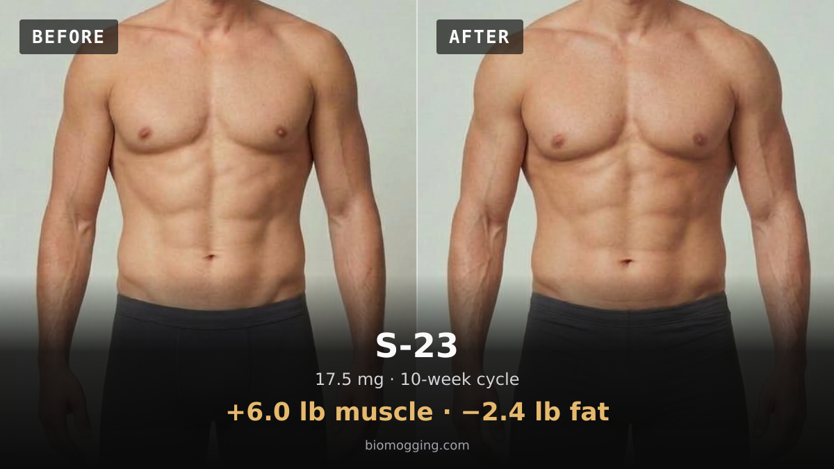 S-23 before and after: illustrative male projection over 10 weeks, +6.0 lb muscle · −2.4 lb fat, starting Fit & Toned with Above Average (+5 lb) body fat. Dose assumption: 17.5 mg midpoint · total unavailable (dose period unclear).