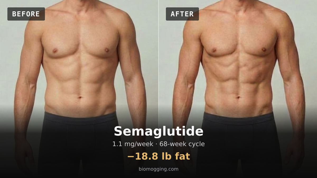 Semaglutide before and after: illustrative male projection over 68 weeks, −18.8 lb fat, starting Fit & Toned with Above Average (+5 lb) body fat. Dose assumption: 1.1 mg/week · ≈74.8 mg total.