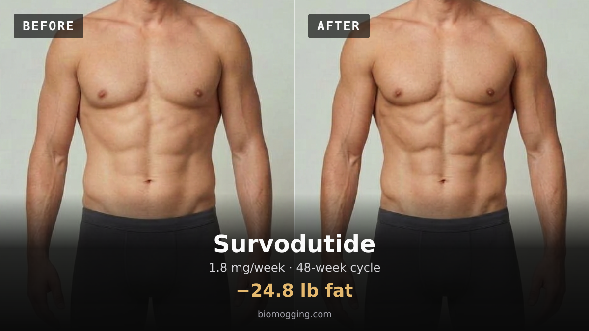 Survodutide before and after: illustrative male projection over 48 weeks, −24.8 lb fat, starting Fit & Toned with Above Average (+5 lb) body fat. Dose assumption: 1.8 mg/week · ≈86.4 mg total.