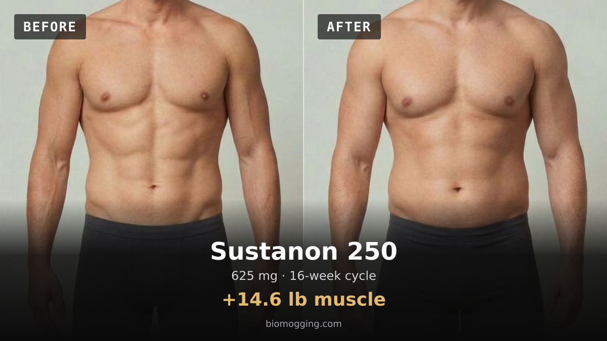 Sustanon 250 before and after: illustrative male projection over 16 weeks, +14.6 lb muscle, starting Fit & Toned with Above Average (+5 lb) body fat. Dose assumption: 625 mg midpoint · total unavailable (dose period unclear).