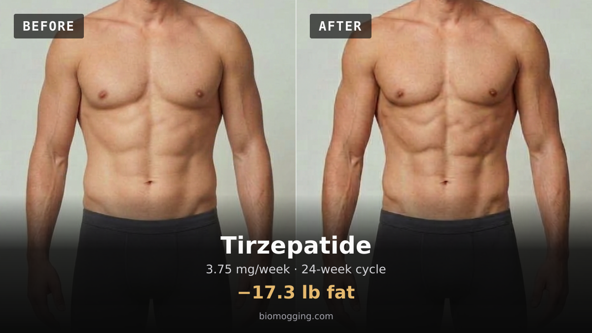 Tirzepatide before and after: illustrative male projection over 24 weeks, −17.3 lb fat, starting Fit & Toned with Above Average (+5 lb) body fat. Dose assumption: 3.75 mg/week · ≈90 mg total.