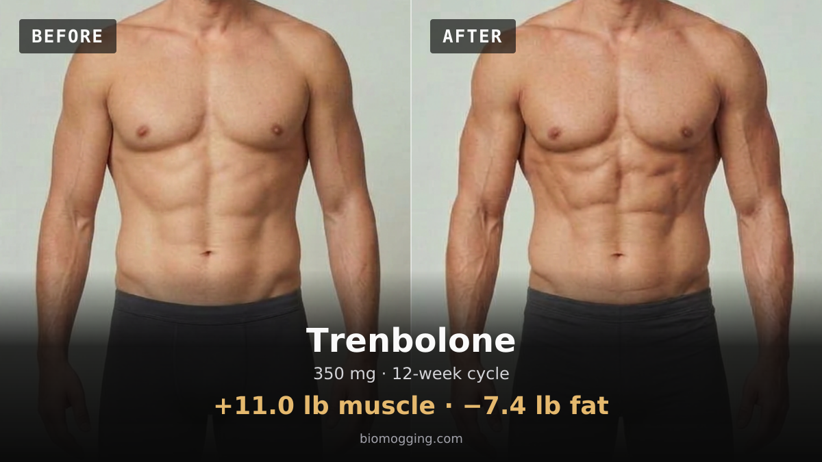 Trenbolone before and after: illustrative male projection over 12 weeks, +11.0 lb muscle · −7.4 lb fat, starting Fit & Toned with Above Average (+5 lb) body fat. Dose assumption: 350 mg midpoint · total unavailable (dose period unclear).